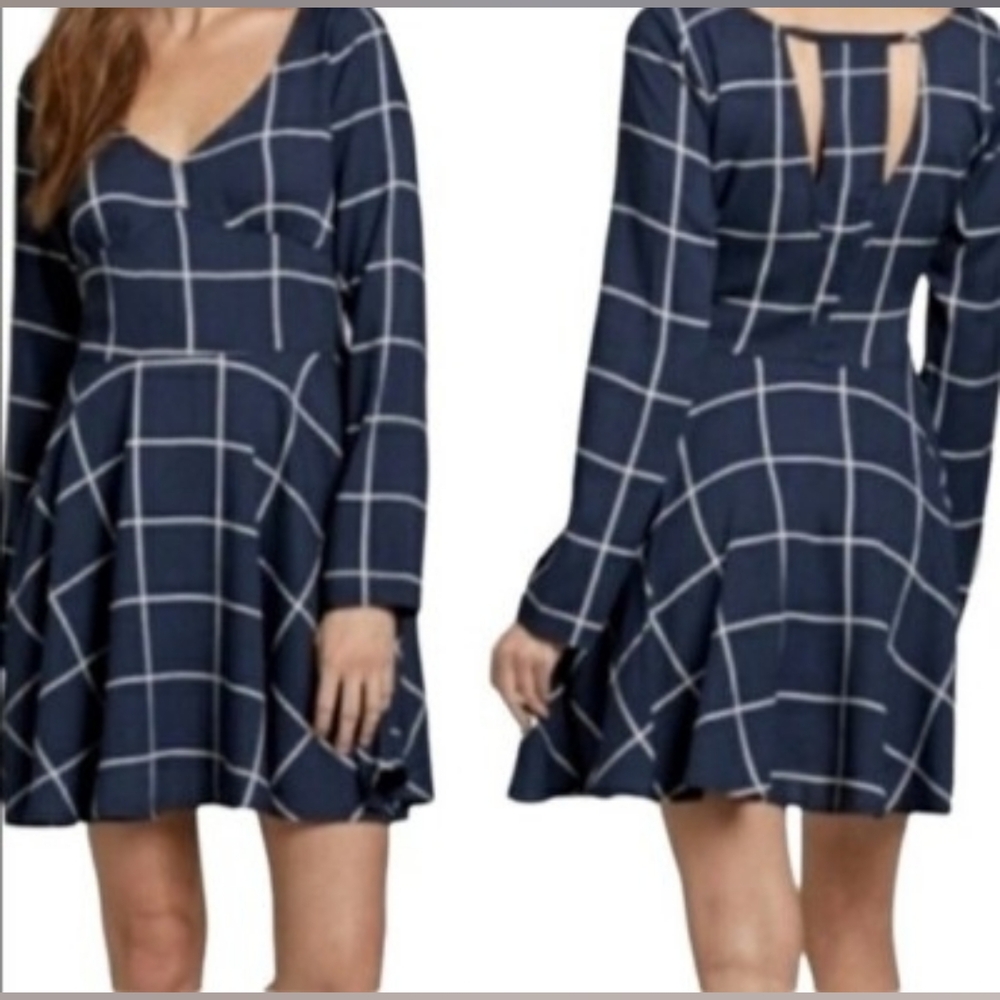 Abercrombie & Fitch Dress Women L Navy Blue Grid Fit Flare Mini Academia Preppy